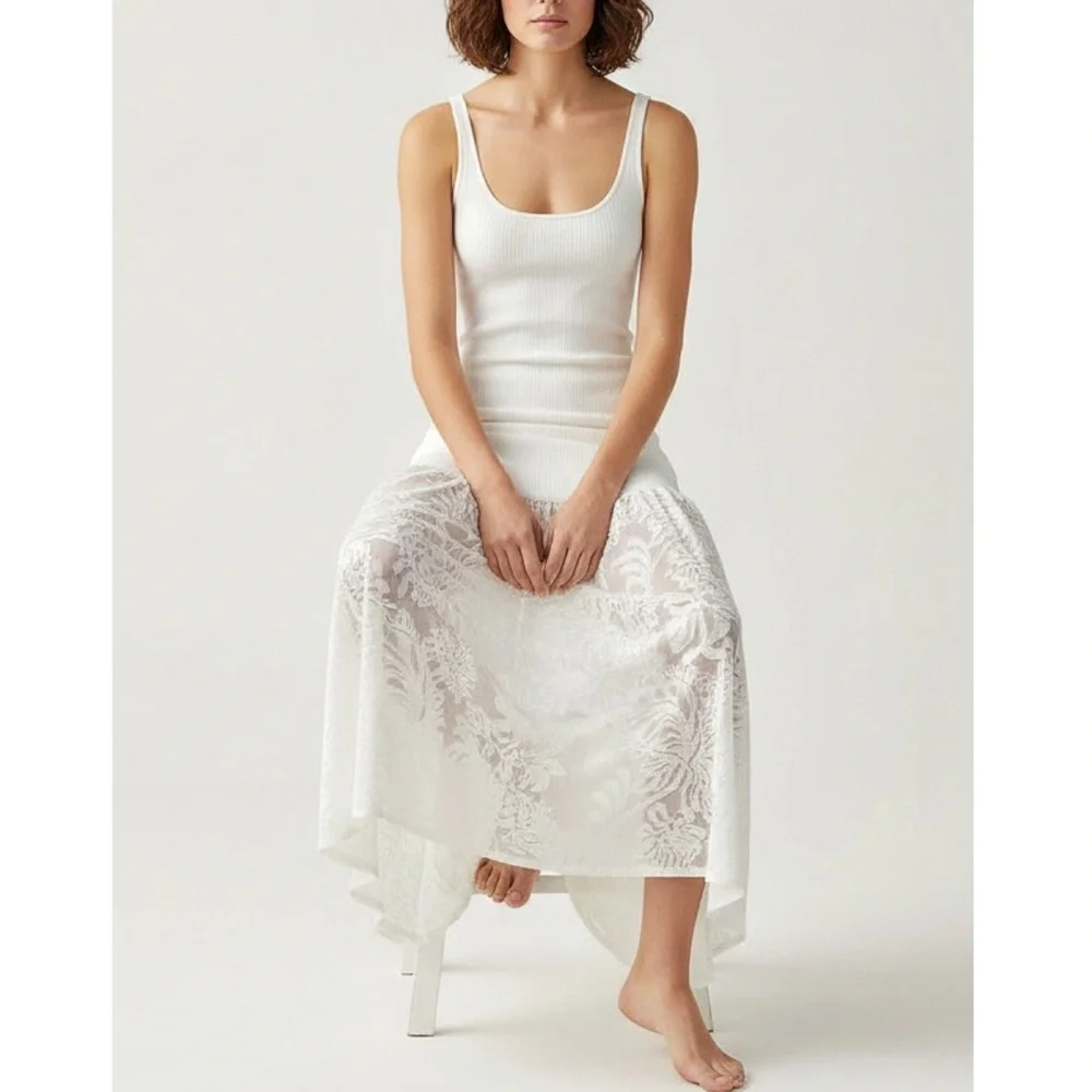BEC & BRIDGE Rissa Ribbed Knit Dress W/ Mesh Lace Skirt, Ivory, Large - Picture 4 of 15